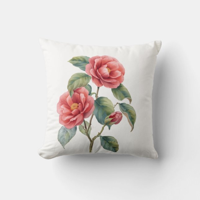 Vintage Camellia Bloem Botanische Worp Kussen  (Voorkant)