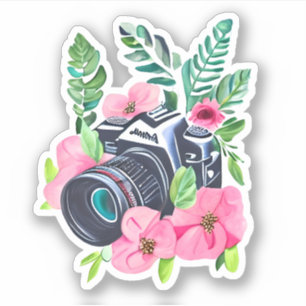 Vintage camera, groen gebladerte sticker