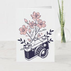 Vintage Camera met Roze Bloemen – Florale Fotogra Folie Wenskaart