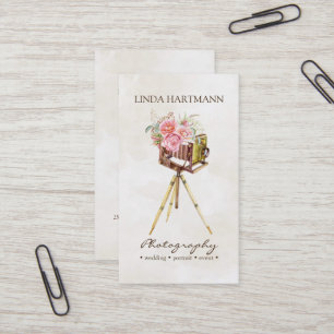 Vintage Camera & Roses Watercolor Fotografie Visitekaartje
