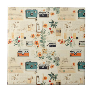 Vintage Cameradio Bloemmotief Teal Oranje Collage Tegeltje
