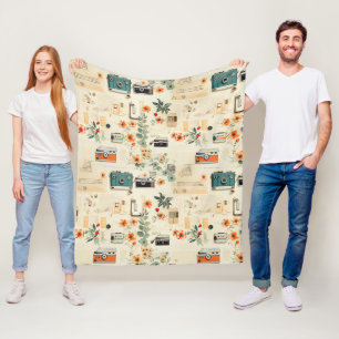 Vintage Cameraradio Bloemendecor Teal Oranje Colla Fleece Deken