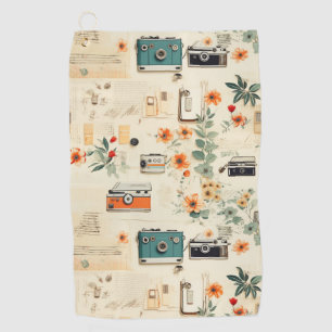 Vintage Cameraradio Bloemmotief Teal Oranje Collag Golfhanddoek