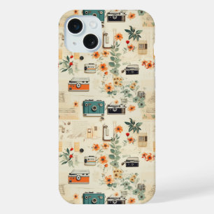 Vintage Cameraradio Bloemmotief Teal Oranje Collag iPhone 15 Plus Case