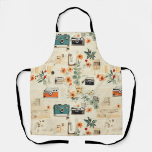 Vintage Cameraradio Bloemmotief Teal Oranje Collag Schort