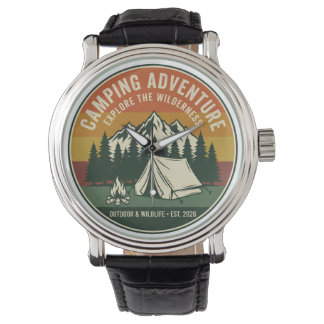 Vintage Camping Adventure Retro Mountain Horloge