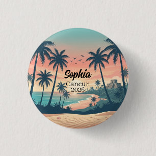 Vintage Cancun 2026 Tropische Strand Zonsondergang Ronde Button 3,2 Cm