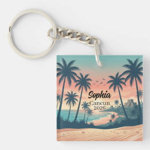 Vintage Cancun 2026 Tropische Strand Zonsondergang Sleutelhanger