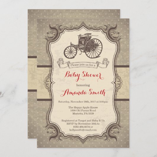 Vintage Car Baby shower Uitnodiging  Retro (Voorkant / Achterkant)