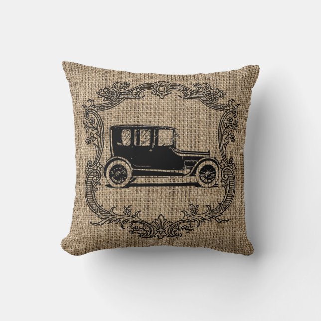 Vintage Car Burlap Kussen (Voorkant)