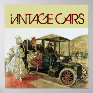 VINTAGE CAR MET ELEGANTE LADIES CLASSIC AUTO Cream Poster