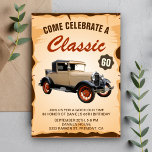 Vintage Car Milestone Birthday Party Invitation Kaart<br><div class="desc">Nodig uw gasten met deze  verjaardagsfeestdag uit met een mooie vintage-wagen en retro-typografie tegen een parchamiteachtergrond. Voeg eenvoudig uw gebeurtenisdetails op deze makkelijk te gebruiken sjabloon toe om het één-van-een-soort uitnodiging te maken. Knip de kaart om een nette houtextuur op de achterkant van de kaart te laten zien.</div>