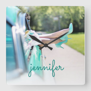Vintage Car Mint Green High Heels Retro Girl Vierkante Klok