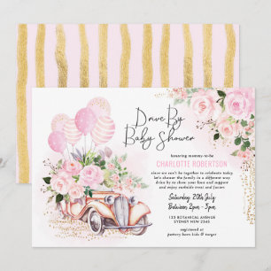 Vintage Car Pink Gold Floral Drive met Baby shower Kaart
