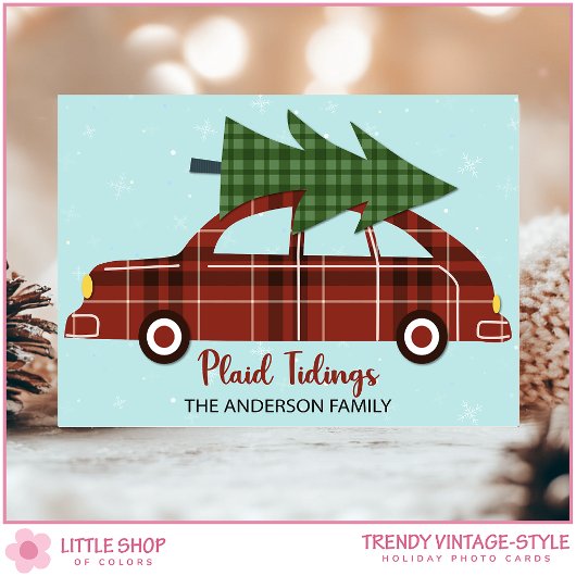 Vintage Car Red Plaid Christmas Custom Photo Feestdagenkaart