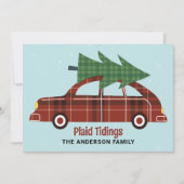 Vintage Car Red Plaid Christmas Custom Photo Feestdagenkaart (Voorkant)