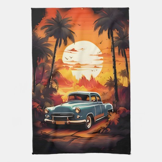 Vintage Car Sunset - Cadeau voor autoliefhebbers Theedoek (Verticaal)