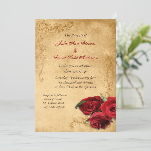 Vintage Caramel Brown & Roos Wedding Kaart (Staand voorkant)