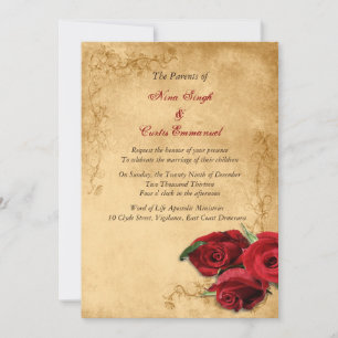 Vintage Caramel Brown & Roos Wedding Kaart