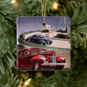 Vintage Cars, Classic Sedans Road Trip on Freeway Keramisch Ornament