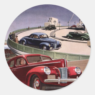 Vintage Cars, Classic Sedans Road Trip on Freeway Ronde Sticker