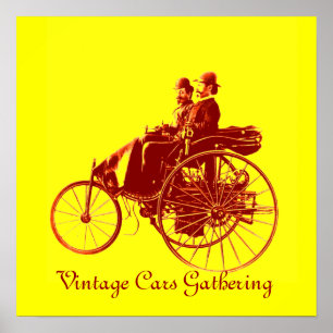 Vintage Cars Gathering, geel bruin Poster
