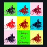 ViNTAGE CARS GATHERING POP ART Poster<br><div class="desc">Elegant,  kleurrijk en artistiek ontwerp voor de automobielindustrie,  opnieuw ontwikkeld van de klassieke  Benz-auto met drie wielen,  1886.Kleurenpalet :geel,  bruin,  aqua blauw,  rood,  paars,  roze,  zwart,  wit.</div>