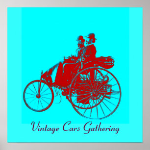 Vintage Cars Gathering, roodblauwe urquase Poster