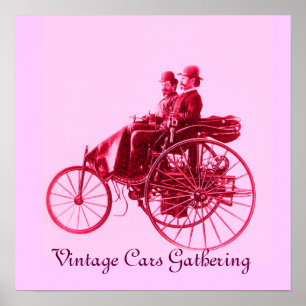 Vintage Cars Gathering, roze fuchsia red violet Poster