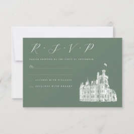 Vintage Castle Illustration Sage Green Wedding RSVP Kaartje