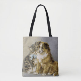Vintage cat and dog intimate friendship tote bag