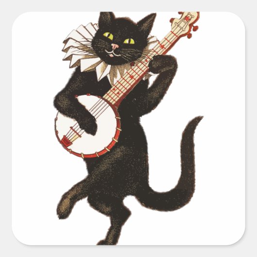 Vintage Cat Play Banjo Vierkante Sticker (Voorkant)