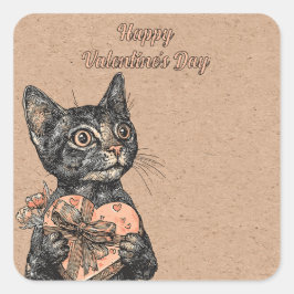 Vintage Cat With Heart Box Valentines Day Vierkante Sticker