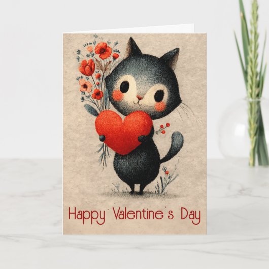 Vintage Cat With Heart Valentine's Day Kaart (Voorkant)