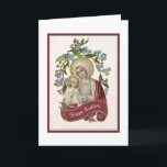 Vintage Catholic Virgin Mary Jesus Birthday Kaart<br><div class="desc">This is a lovely traditional vintage Catholic image of the Blessed Virgin Mother Mary holding the Baby Jesus in her arms with a flower wreath above.  All text and fonts inside may be modified.</div>