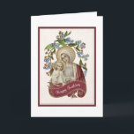 Vintage Catholic Virgin Mary Jesus Birthday Kaart<br><div class="desc">This is a lovely traditional vintage Catholic image of the Blessed Virgin Mother Mary holding the Baby Jesus in her arms with a flower wreath above.  All text and fonts inside may be modified.</div>