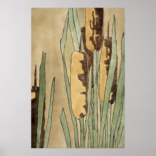 Vintage Cattail Botanische Print Aardetinten (Voorkant)