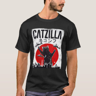 Vintage Catzilla Japanse Zonsondergang Stijl zwart T-shirt