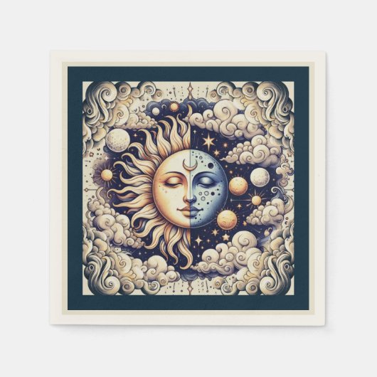 Vintage Celestial Half Sun & Moon Blauw Geel Servet (Voorkant)