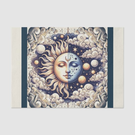 Vintage Celestial Half Sun & Moon Blauw Geel Tissuepapier (Voorkant)