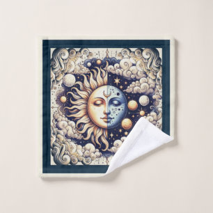 Vintage Celestial Halve Zon & Maan Blauw Geel Bad Handdoek
