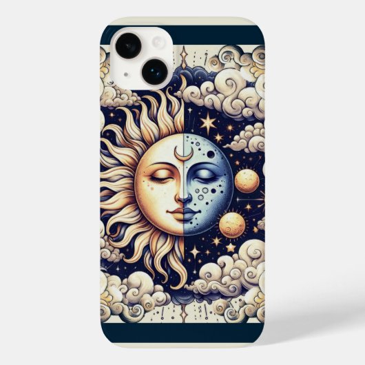 Vintage Celestial Halve Zon & Maan Blauw Geel Case-Mate iPhone Case (Achterkant)