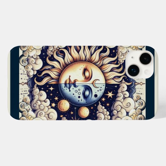 Vintage Celestial Halve Zon & Maan Blauw Geel Case-Mate iPhone Case (Achterkant (horizontaal))
