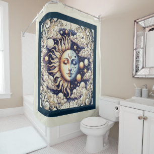 Vintage Celestial Halve Zon & Maan Blauw Geel Douchegordijn