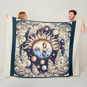 Vintage Celestial Halve Zon & Maan Blauw Geel Fleece Deken