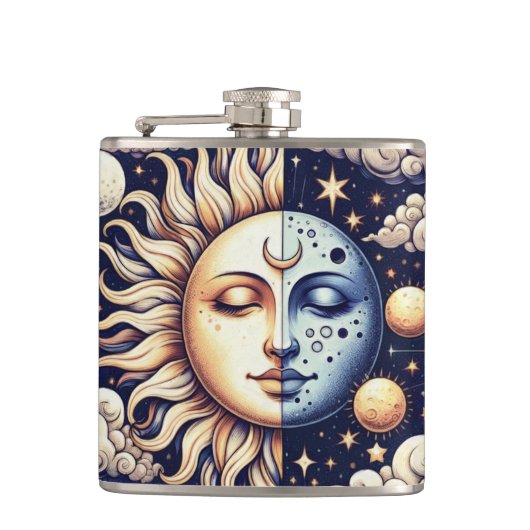 Vintage Celestial Halve Zon & Maan Blauw Geel Heupfles (Voorkant)