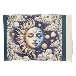 Vintage Celestial Halve Zon & Maan Blauw Geel Kussensloop