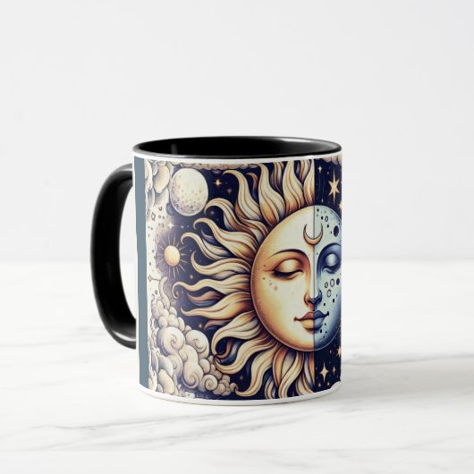 Vintage Celestial Halve Zon & Maan Blauw Geel Mok (Voorkant links)