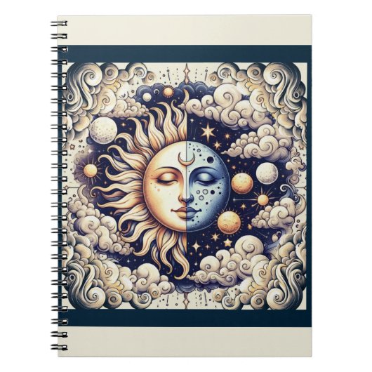 Vintage Celestial Halve Zon & Maan Blauw Geel Notitieboek (Voorkant)