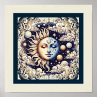 Vintage Celestial Halve Zon & Maan Blauw Geel